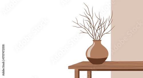 A minimalist still life of a brown ceramic vase with bare branches on a wooden table, against a neutral two-tone wall. A concept for modern, tranquil home decor with ample copy space
