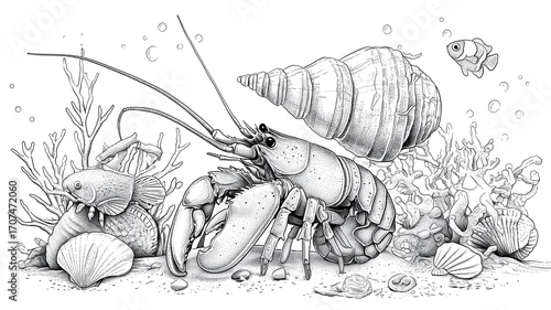 Obraz Kolorowanki dla dzieci – Zwierzęta morskie: delfin, żółw, rekin, krab, meduza i inne stworzenia oceanu do druku