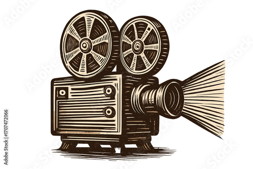 Vintage movie projector icon in a classic woodcut style. Retro cinema equipment for filmmaking. Old film camera with light beam. Engraved vector illustration for entertainment design.