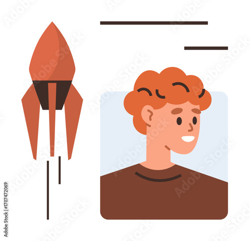 Portrait of smiling individual next to rocket and minimalist lines, suggesting imagination, growth, exploration. Ideal for education, startups, innovation, creativity, entrepreneurship leadership