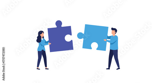 Businessman and businesswoman connect two large puzzle pieces. A flat vector illustration symbolizing teamwork, partnership, collaboration, and finding a solution