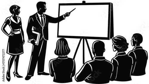 Business presentation meeting conference training seminar whiteboard audience people discussion teamwork | editable eps