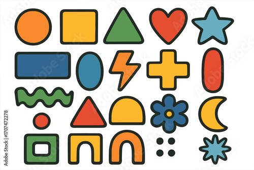 Set of colorful basic geometric shapes. Collection of naive playful figures. Modern abstract minimalist brutalist elements. Vector cartoon illustration icons for design.