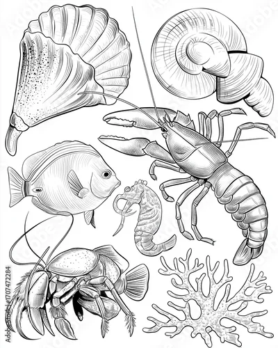 Obraz Kolorowanki dla dzieci – Zwierzęta morskie: delfin, żółw, rekin, krab, meduza i inne stworzenia oceanu do druku