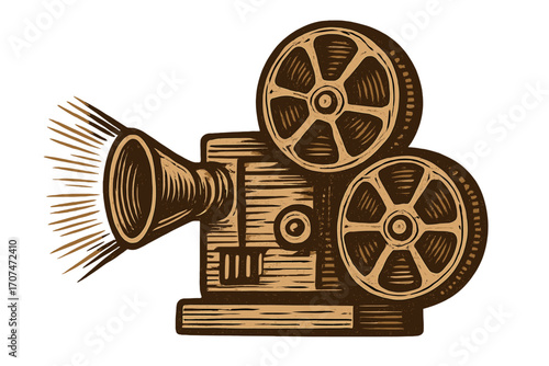 Vintage movie projector, retro cinema icon in woodcut style. Old film camera for Hollywood movies, filmmaking, and entertainment. Classic cinema equipment with film reel.