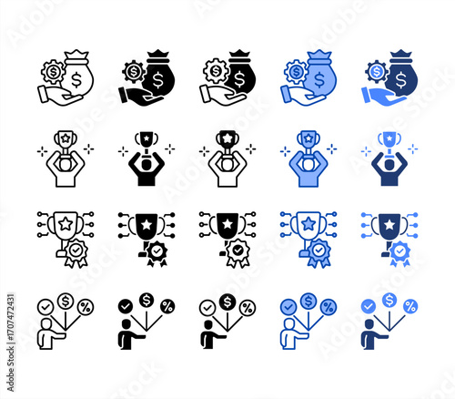 Incentive, Reward, Achievement, Employee benefits, multiple style icon set.
