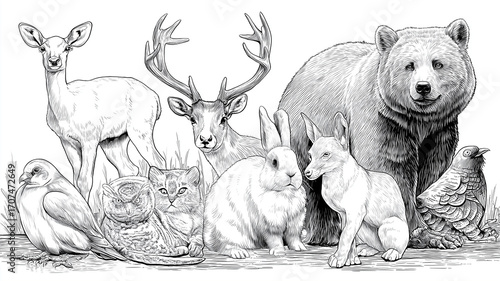 Fototapeta Naklejka Na Ścianę i Meble -  Kolorowa rysowanka dla dzieci z grupą leśnych zwierząt