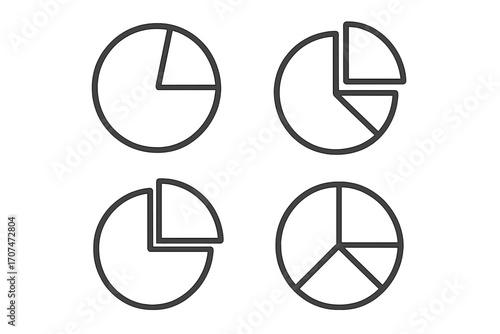 Vector pie chart icon collection. Simple line style circle diagram set for business data analysis, statistics, and market share reports. Infographic element for presentation.