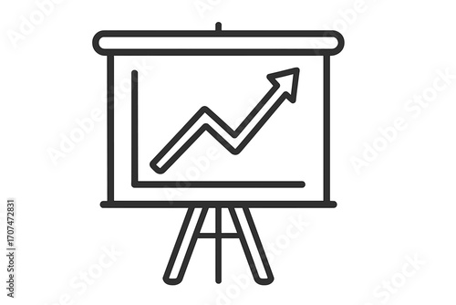 Presentation board icon with growth chart. Business success, financial progress concept. Data analytics graph on a flip chart. Marketing report symbol. Up arrow diagram. Vector.