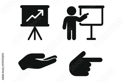 Business presentation icon set. Pictogram of presenter with board. Financial growth chart graph. Hand gestures for pointing, direction, giving. Silhouette vector for infographic.