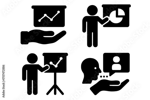 Business presentation icon set. Vector glyph pictograms for infographic. Speaker at meeting or seminar with data chart and graph. Concept for coaching, training, and report.