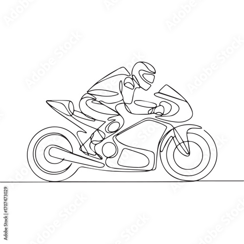 Continuous Simple black line art drawing of a motorcycle in a minimalist style on a white background.