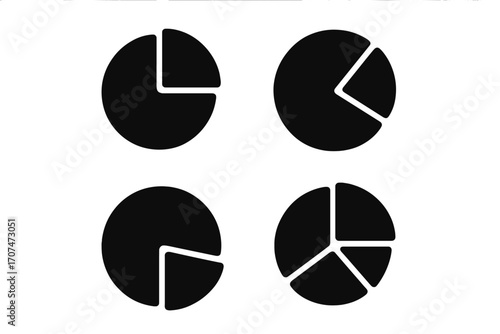 Pie chart icon set. Simple flat vector graphic for business data analysis. Circle diagram collection for statistics, reports, and infographics. Minimalist silhouette design element.