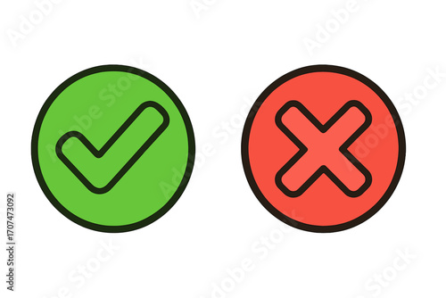 Check mark and cross vector icon set. Green checkmark for yes, correct, approved, and passed. Red X symbol for no, wrong, rejected, and failed. Choice and decision button.