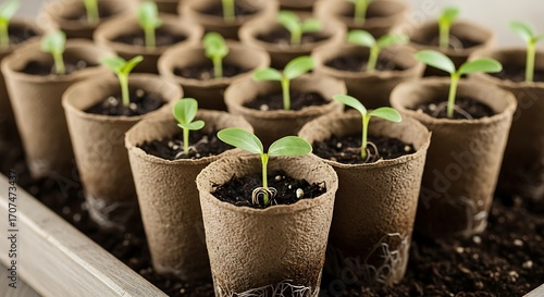 Young green seedlings sprouting in biodegradable peat pots for gardening.
