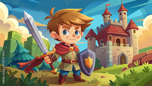 Young knight boy with a wooden sword beside a playful castle illustration, radiating courage and childlike fantasy in a charming setting.