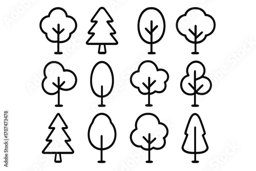 Tree icon set. Simple outline collection. Linear tree symbols. Vector forest, nature, park pictogram. Plant, wood, pine and fir graphic elements. Ecology and environment concept.