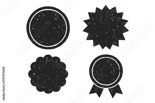 Set of grunge stamp seals. Vintage black textured badges with retro distressed effect. Blank rubber stamp texture icons. Circle, starburst, and ribbon insignia shapes.