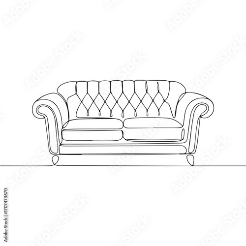 Continuous Simple black line art drawing of a sofa in a minimalist style on a white background.