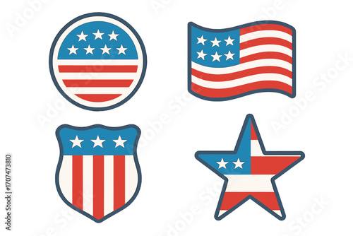 USA patriotic symbols vector set. American flag icon collection. Flat cartoon illustration of star, shield, and circle badge emblems for July 4th, Memorial Day, or election.