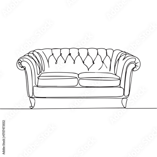 Continuous Simple black line art drawing of a sofa in a minimalist style on a white background.
