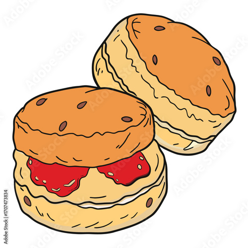 Two delicious scones with strawberry jam and cream filling vector illustration