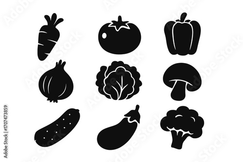 Vegetable icon set. Simple black silhouette glyph style. Vector illustration of healthy food. Carrot, tomato, pepper, onion, broccoli, mushroom, eggplant, cucumber, lettuce icons.