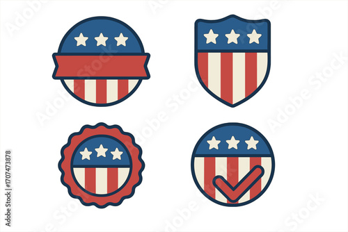 USA vote vector badges set. American election campaign stickers. Patriotic labels with stars and stripes. Political choice check mark symbol. Democracy signs collection flat.