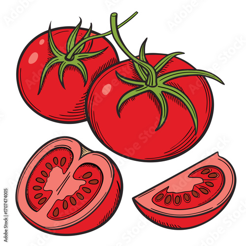 Two ripe red tomatoes on vine with one sliced and one wedge whole