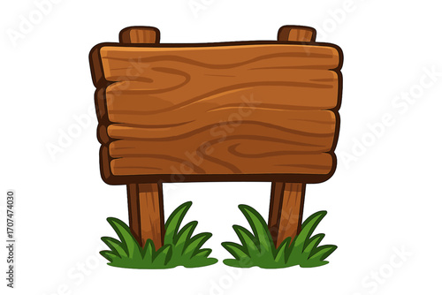 Wooden signboard in grass, cartoon vector illustration. Empty wood plank for message or announcement. Rustic signpost template for game UI, isolated on white background.