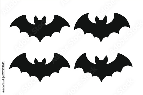 Set of black bat silhouettes for Halloween. Spooky flying mammal icon collection. Flat vector graphic element for horror or gothic design. Dracula vampire symbol.