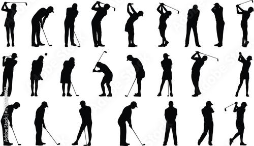 Golf silhouette set, swing pose icons, putting action, black vector, sports movement, golfer stance, athletic graphic, club motion