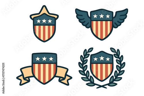 Set of American patriotic emblems. USA national badge collection. Vintage shield with stars and stripes. Military honor award icon. Government symbol with wings, banner, laurel.