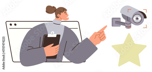 Woman holding clipboard points to a surveillance camera, symbolizing security and monitoring. Star icon adds evaluation or rating theme. Ideal for cybersecurity, compliance, ratings, surveillance
