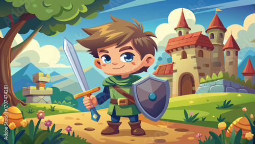 Young knight boy with a wooden sword beside a playful castle illustration, radiating courage and childlike fantasy in a charming setting.