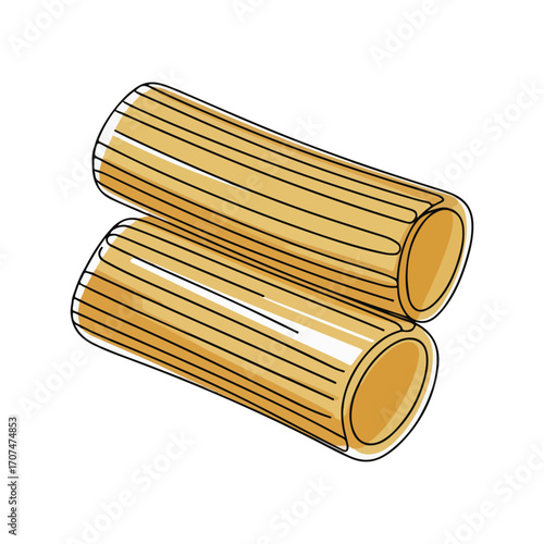 Continuous Simple black line art drawing of a Rigatoni in a minimalist style on a white background.