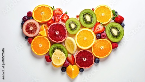 Heart Shaped Fruit Arrangement on White Background with Slices of Orange Kiwi Strawberry Grapefruit Raspberry and Lemon