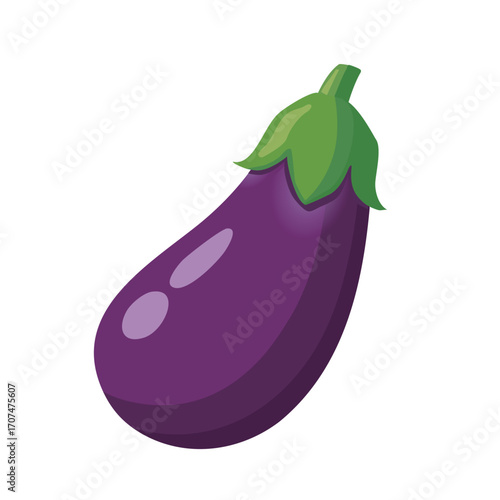 Vector illustration of eggplant, deep purple body with green stem, simple minimal style