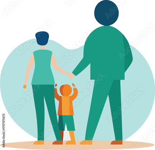 Diverse family with two parents and a young child standing together outdoors

