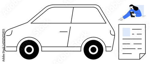 Minimalist car illustration, paperwork, and person using a tablet. Ideal for transport, car rental, legal documents, driving license renewal, fleet management, vehicle insurance simple landing page