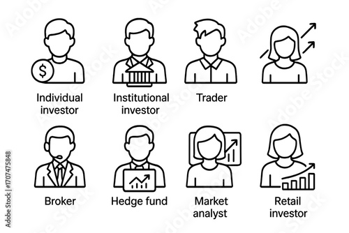 Market Participants Icons. Outline icon set of Market participants: individual investor, institutional