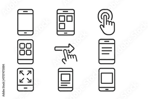 Mobile Design Icons. Outline icon set of Mobile-friendly web design: smartphone, responsive grid, touch