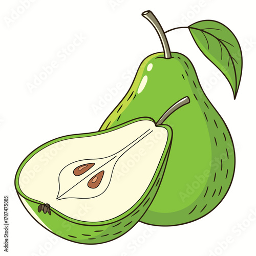 Whole and halved green pear with leaf on white background fruit whole pear