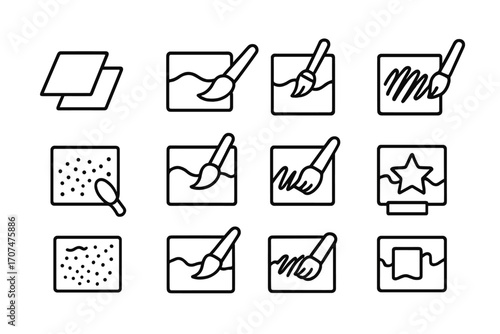 Gouache Technique Icons. xOutline icon set of Gouache techniques: layering, glazing, wet-on-wet, dry brush,