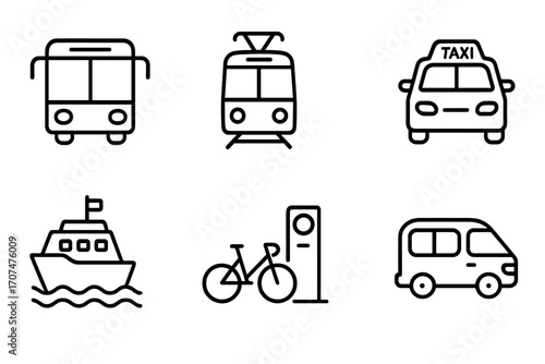 Public Transport Icons. Outline icon set of Public transportation routes: bus, tram, subway train, taxi, ferry