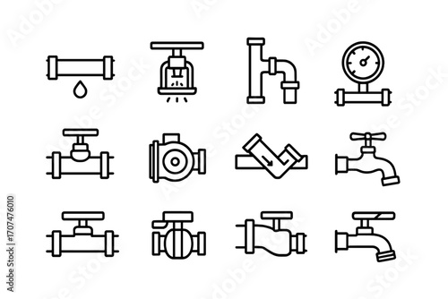 Commercial Plumbing Icons. Outline icon set of Commercial plumbing systems: water main, fire sprinkler,