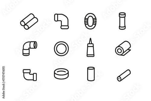 Plumbing Icon Set. Outline icon set of Plumbing materials: copper pipe, PVC pipe, PEX pipe, steel pipe, brass