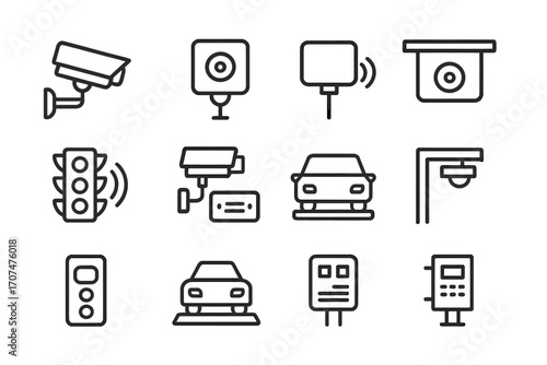 Traffic Device Icons. Outline icon set of Traffic monitoring devices: CCTV camera, speed radar, traffic sensor