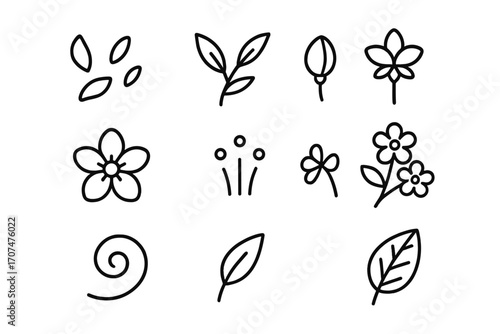 Spring Flower Icons. Outline icon set of Spring flower elements: petals falling, stem with leaves, flower bud,