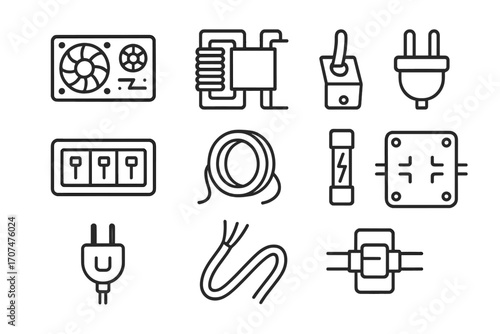 Electrical Components Icons. Outline icon set of Electrical components: power supply, transformer, switch,
